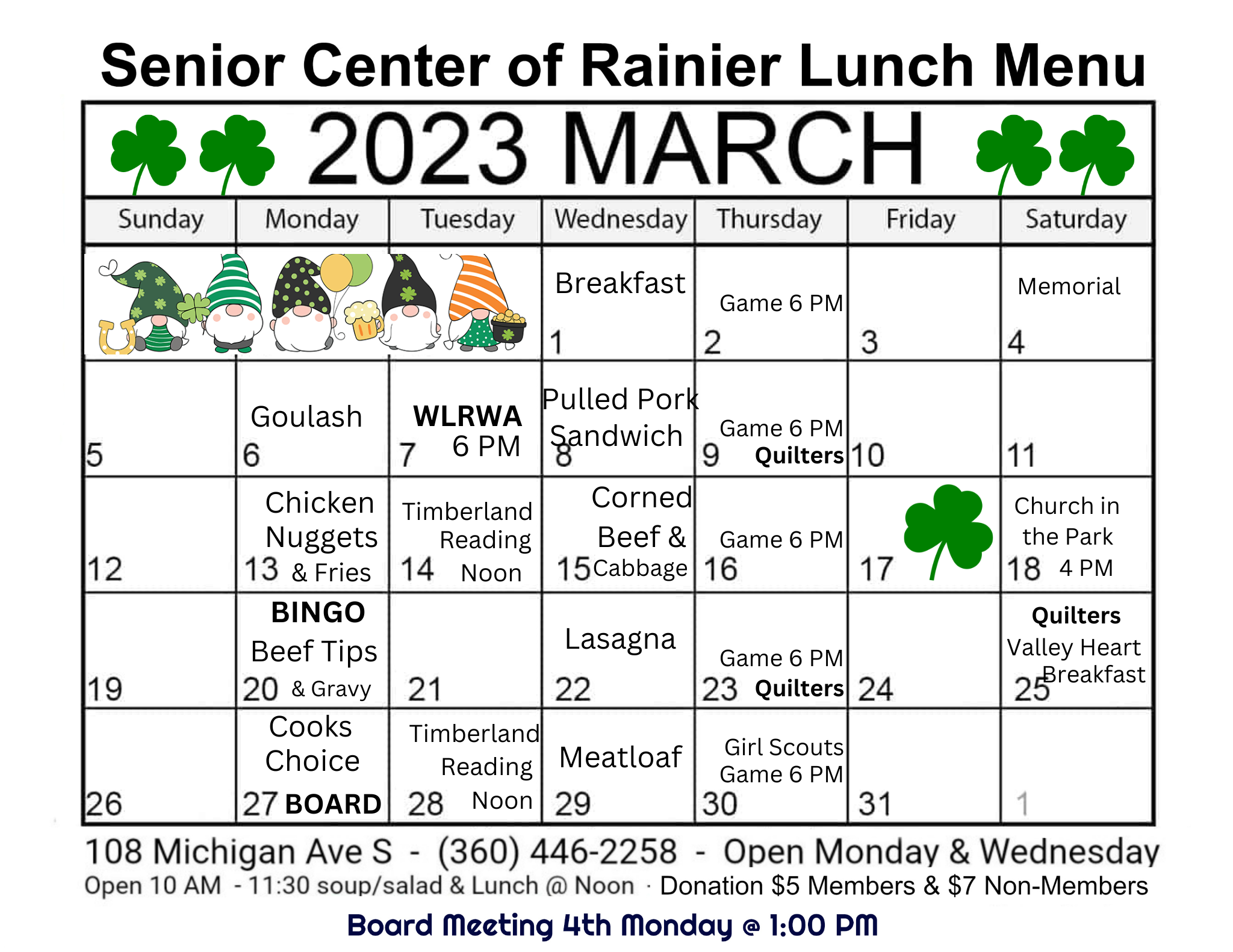 Senior Center of Rainier News March 2023 Lunch Menu